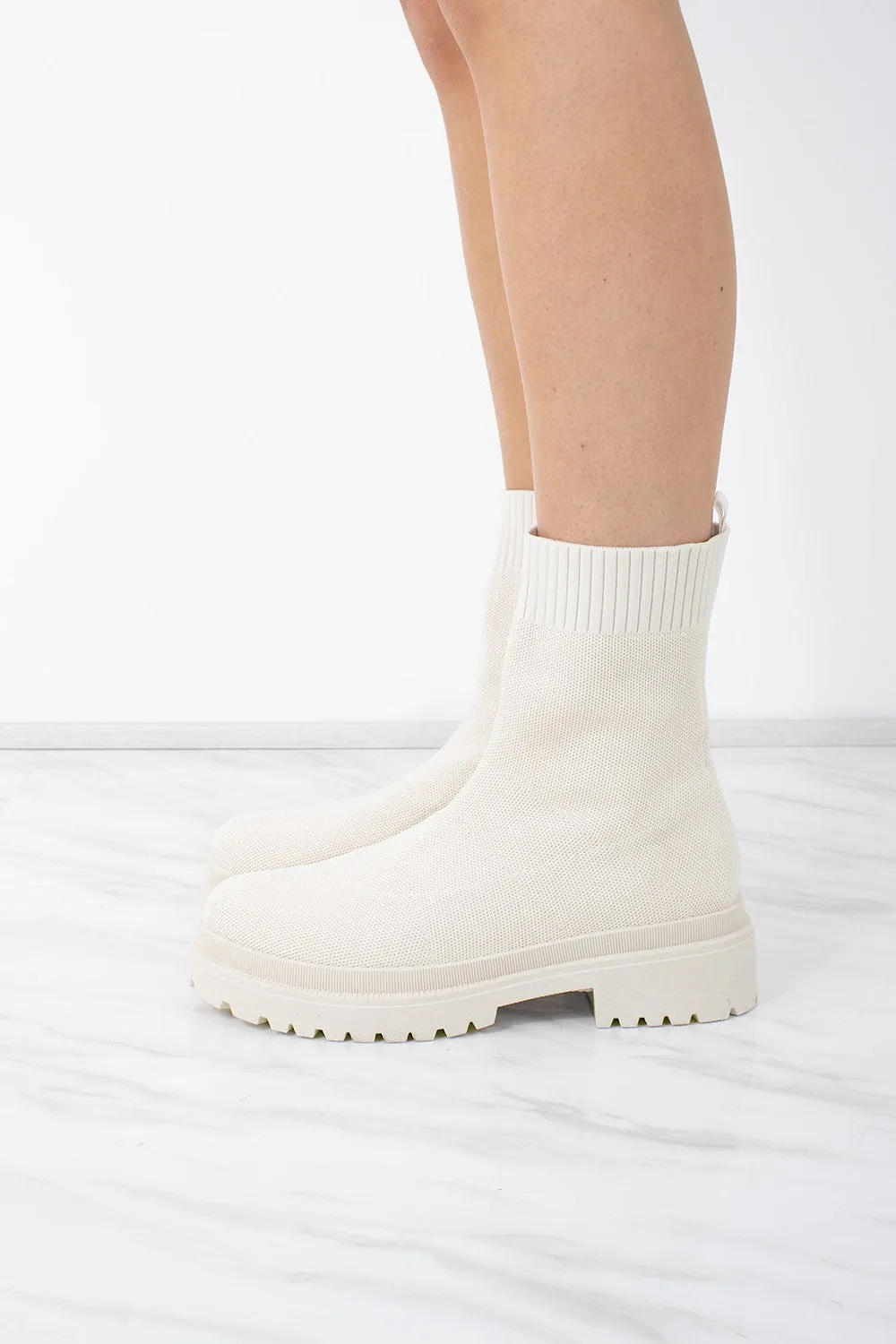 Beige knit Chunky Ribbed Sock Ankle Boot