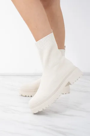Beige knit Chunky Ribbed Sock Ankle Boot