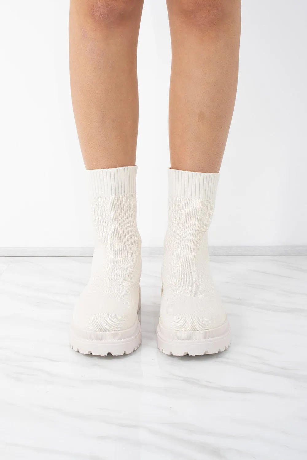 Beige knit Chunky Ribbed Sock Ankle Boot
