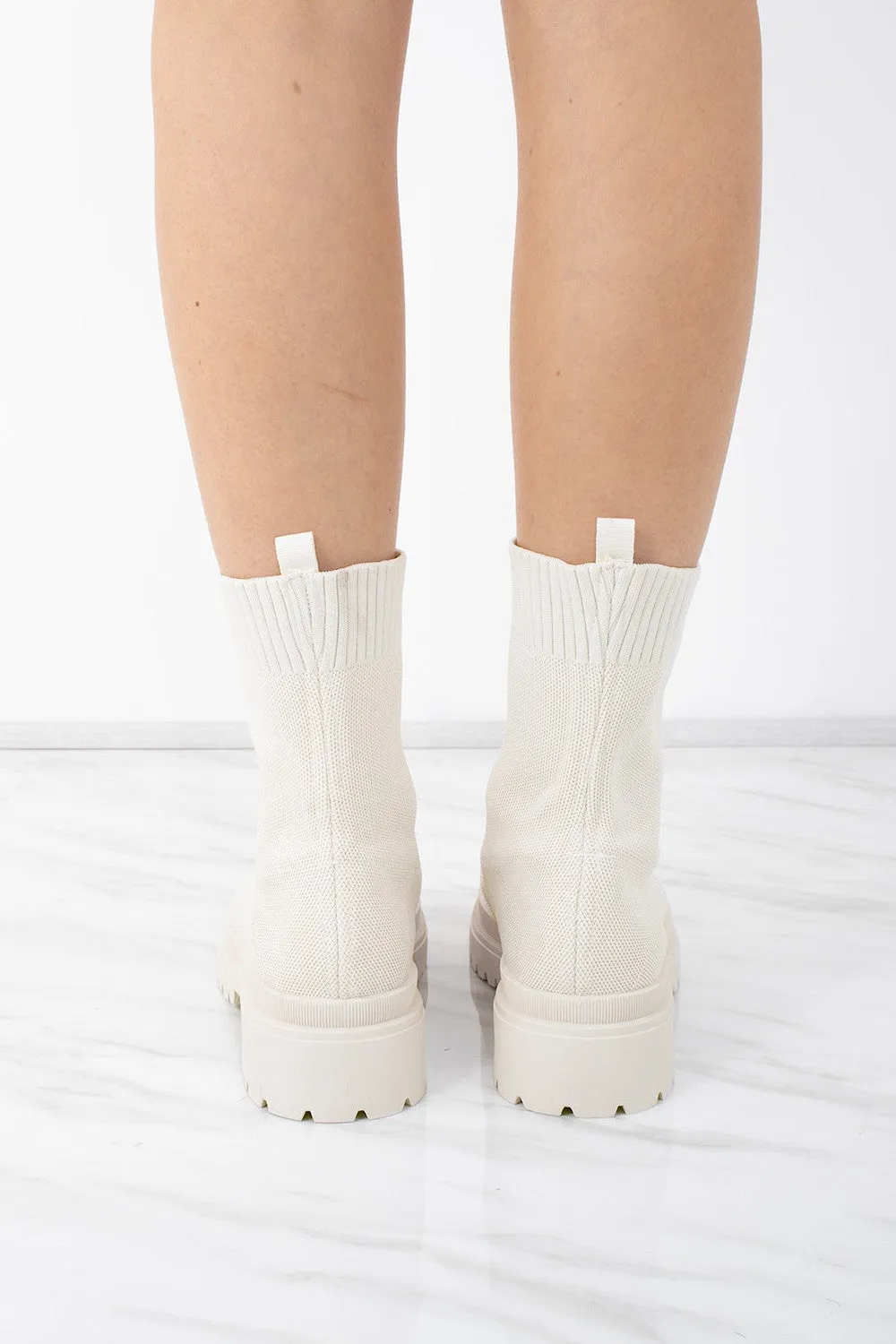 Beige knit Chunky Ribbed Sock Ankle Boot
