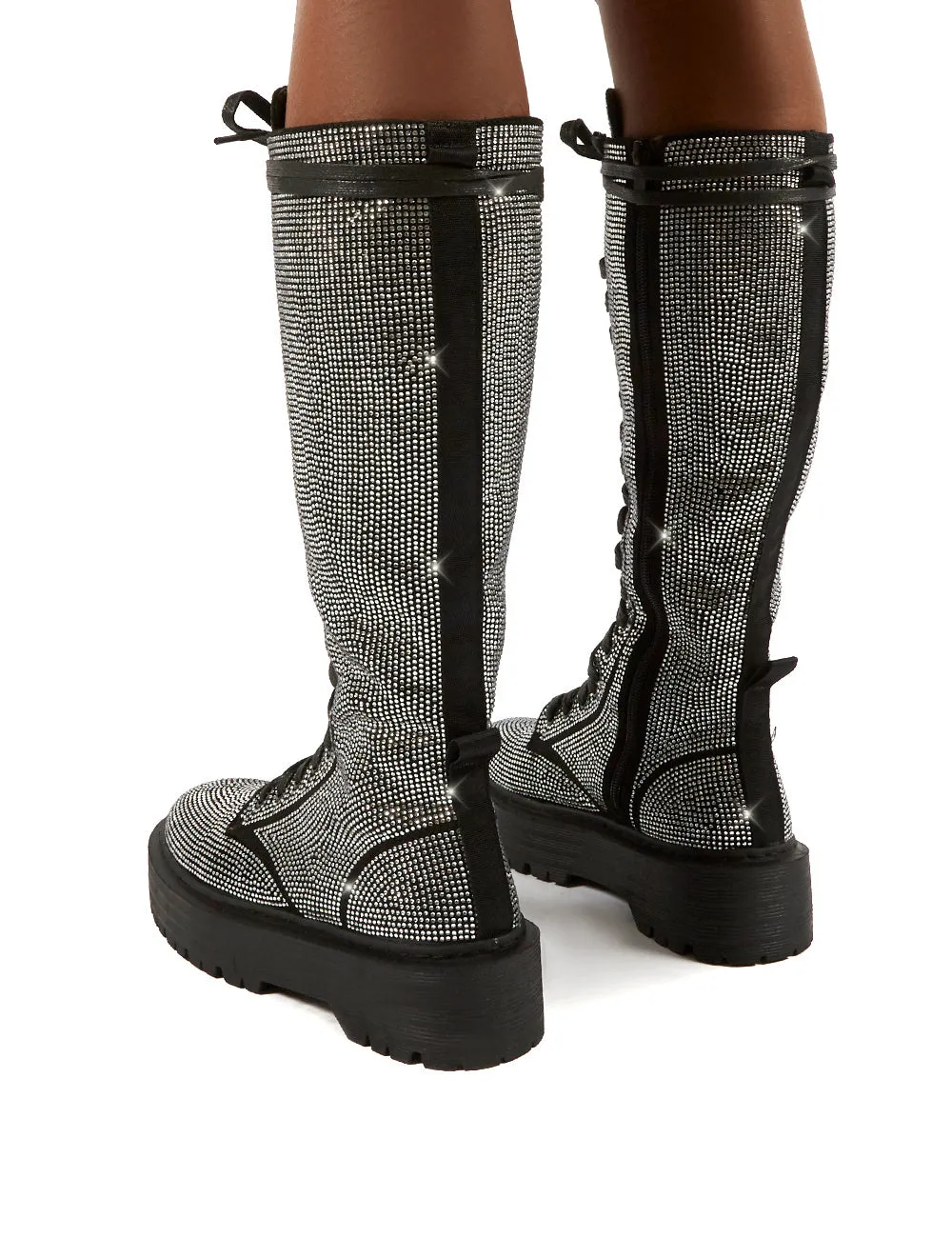 Bitter Sweet Black Diamante Lace Up Knee High Chunky Boots