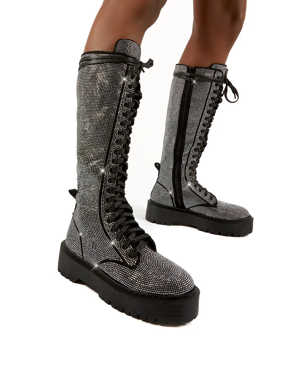 Bitter Sweet Black Diamante Lace Up Knee High Chunky Boots