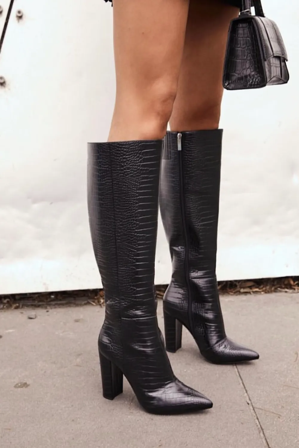 Black Croc Knee High Boots