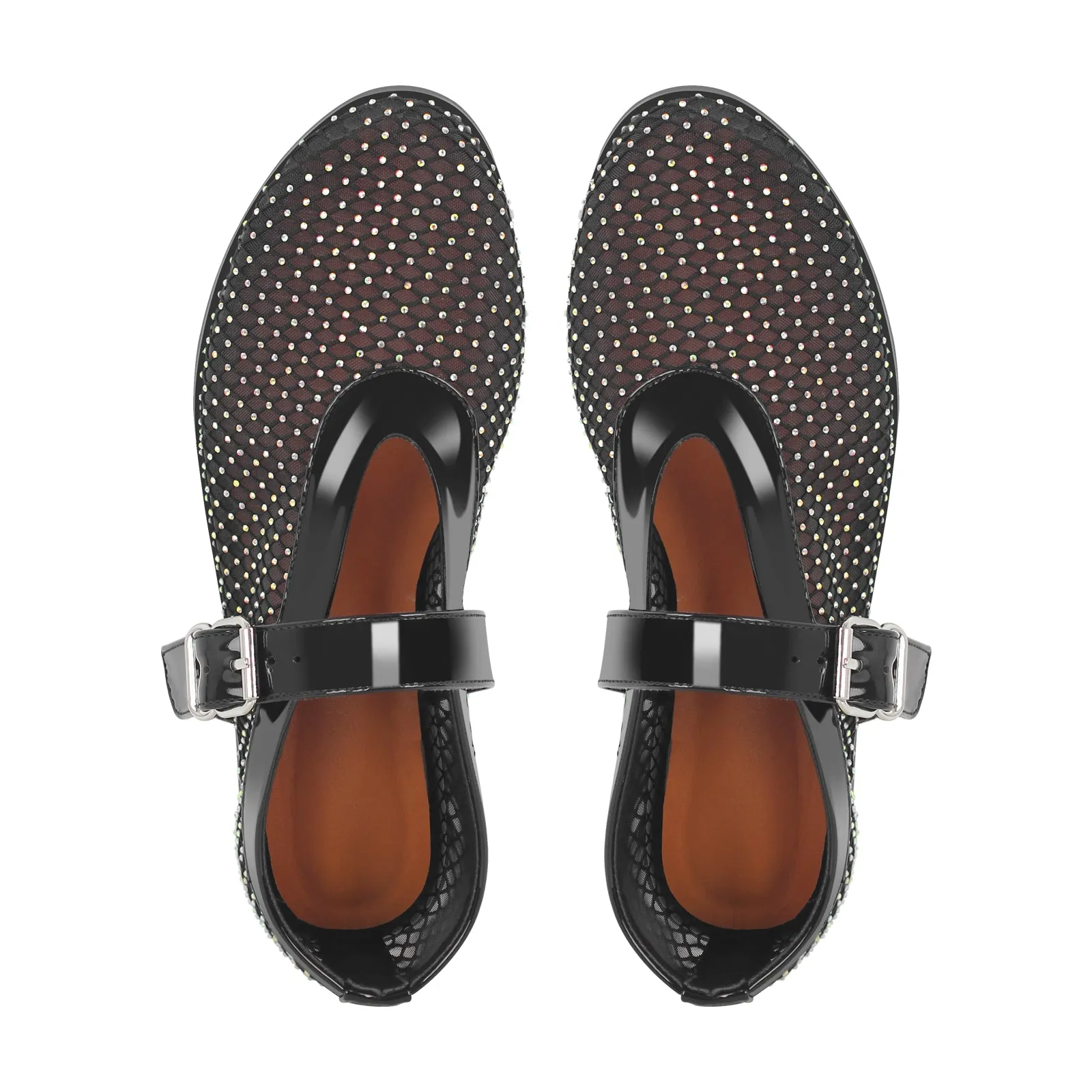 Black Mesh Rhinestone Bukle Strap Flats