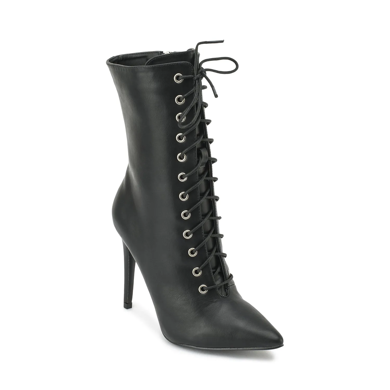 Black Synthetic Stiletto Lace Up Ankle Boots