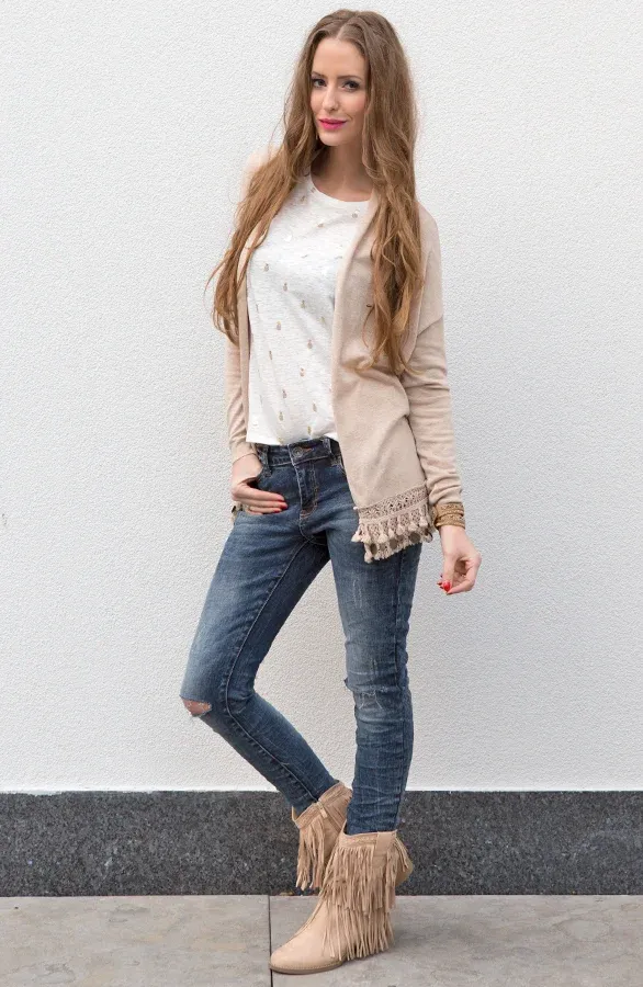 Boho Fringe Boots Beige