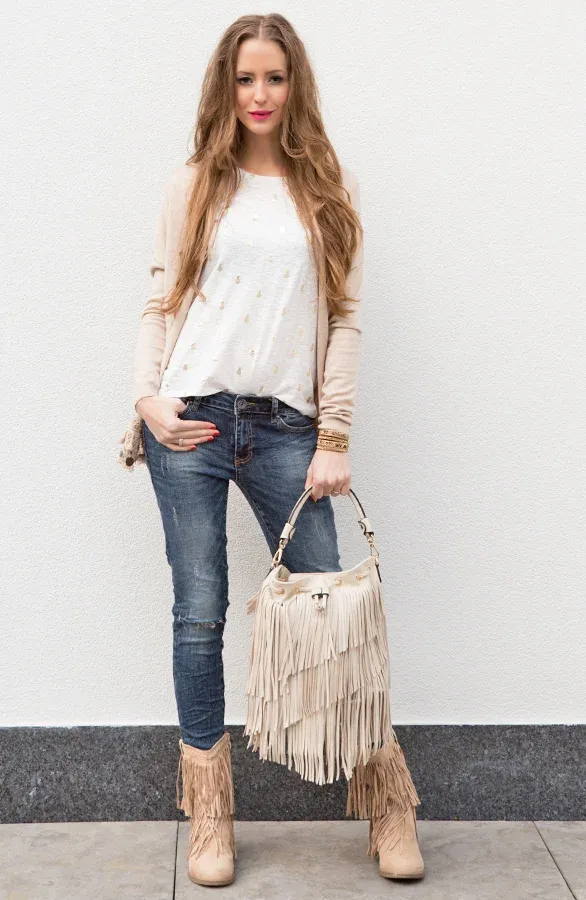 Boho Fringe Boots Beige