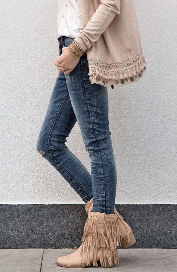 Boho Fringe Boots Beige