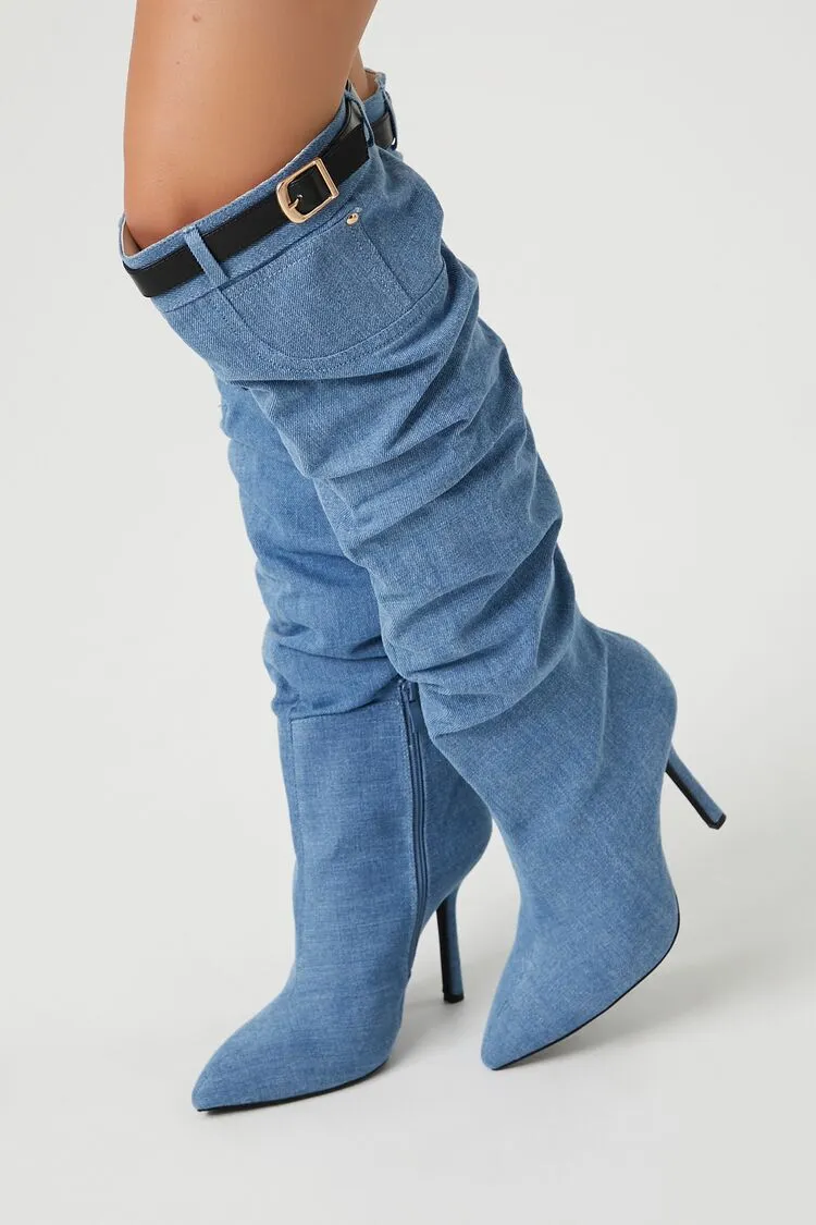 Buckled Denim Over-the-Knee Boots