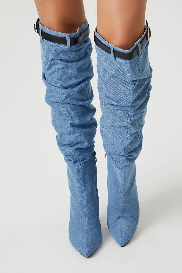 Buckled Denim Over-the-Knee Boots