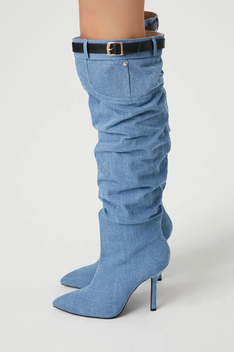 Buckled Denim Over-the-Knee Boots