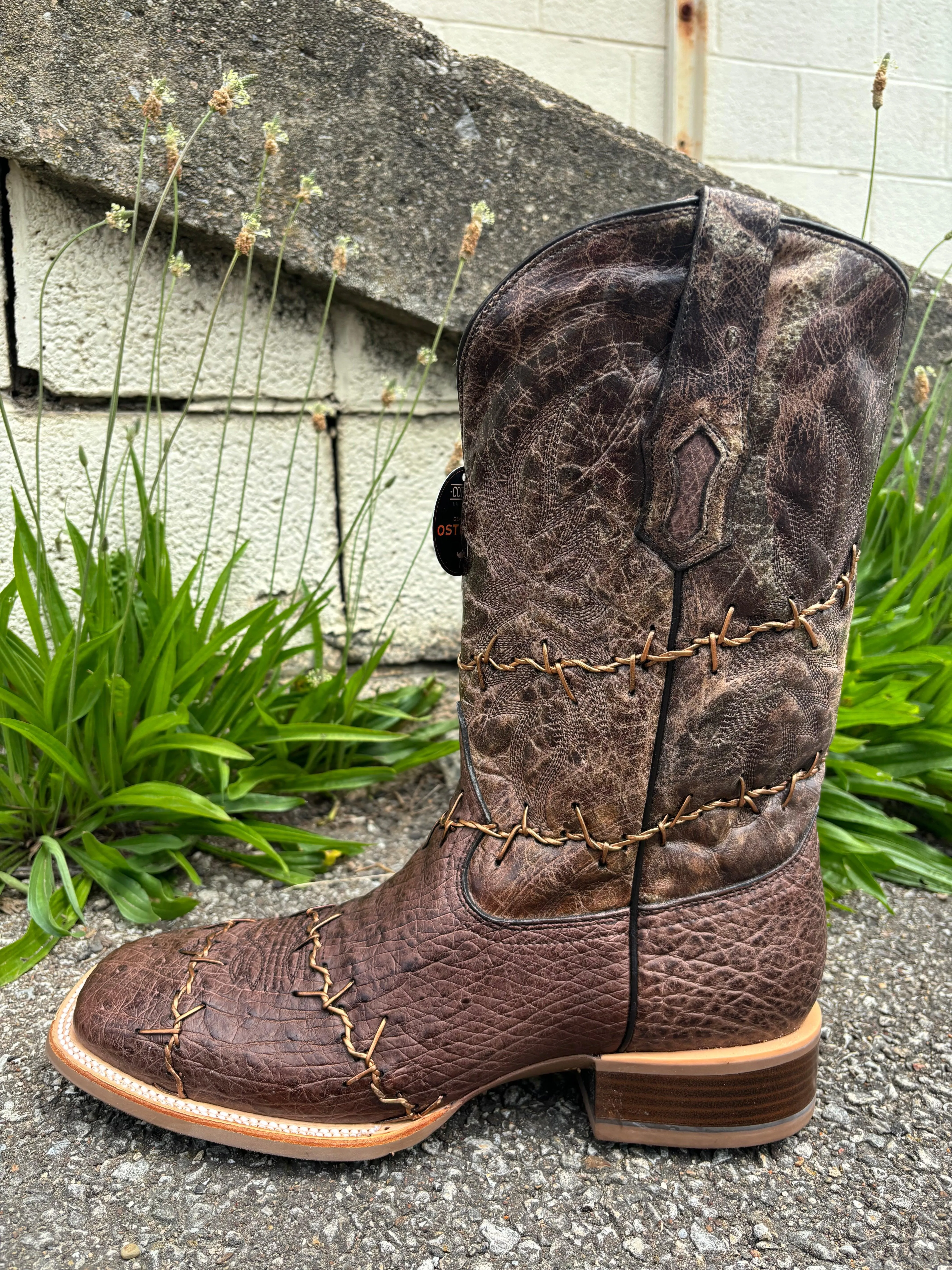 Corral Men's Brown Ostrich Barbed Wire Accent Square Toe Cowboy Boots A4556