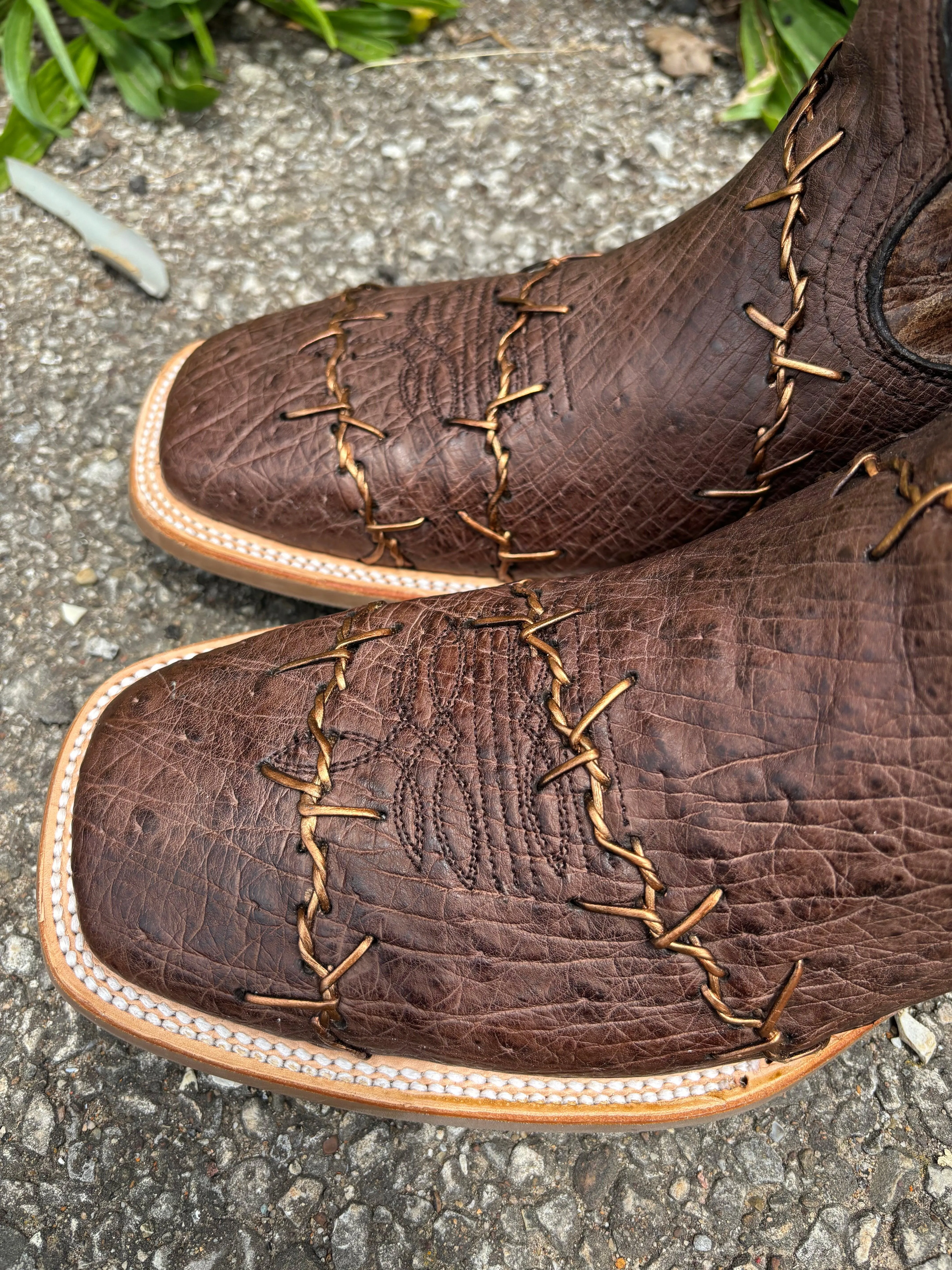 Corral Men's Brown Ostrich Barbed Wire Accent Square Toe Cowboy Boots A4556