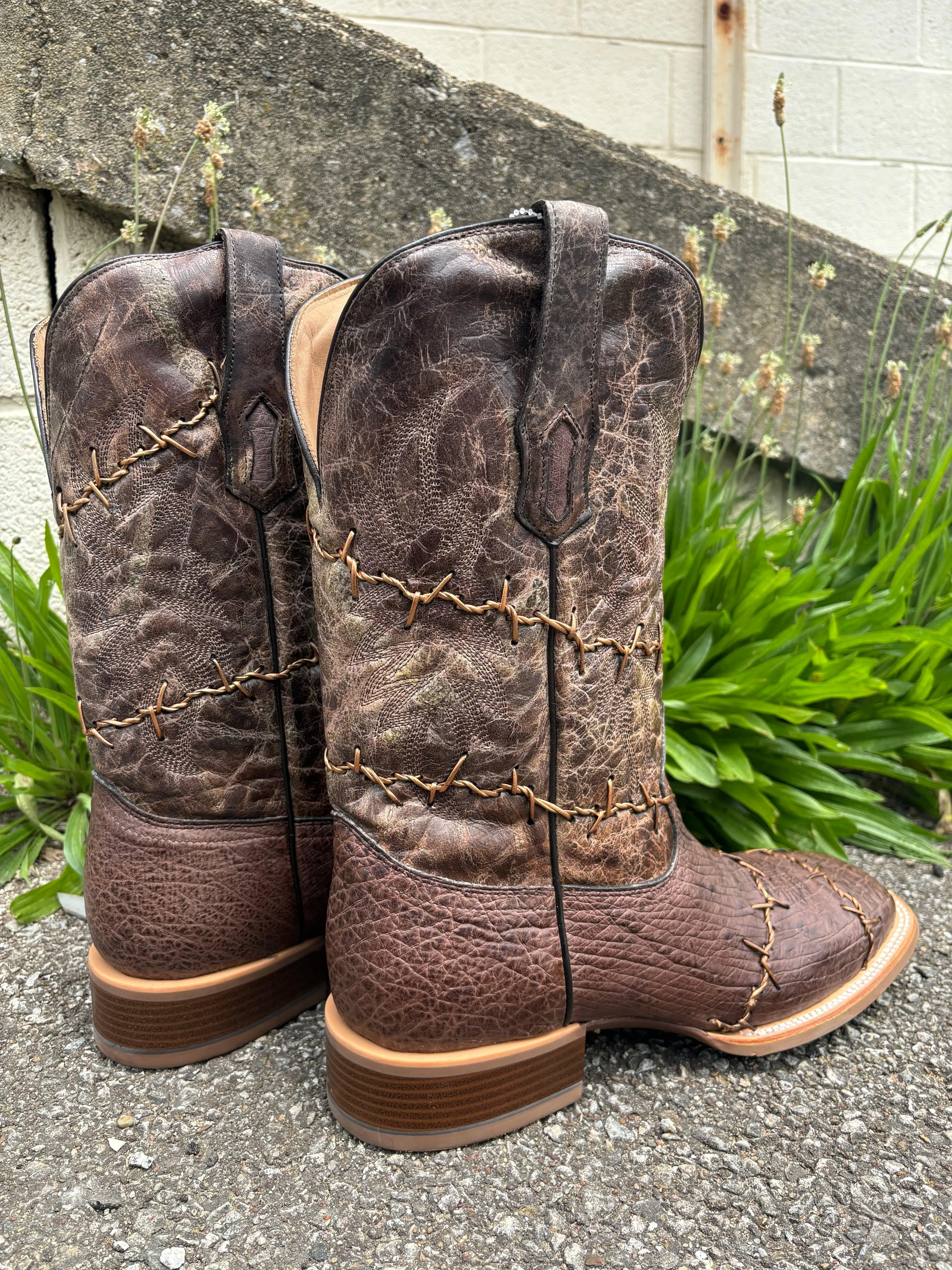 Corral Men's Brown Ostrich Barbed Wire Accent Square Toe Cowboy Boots A4556