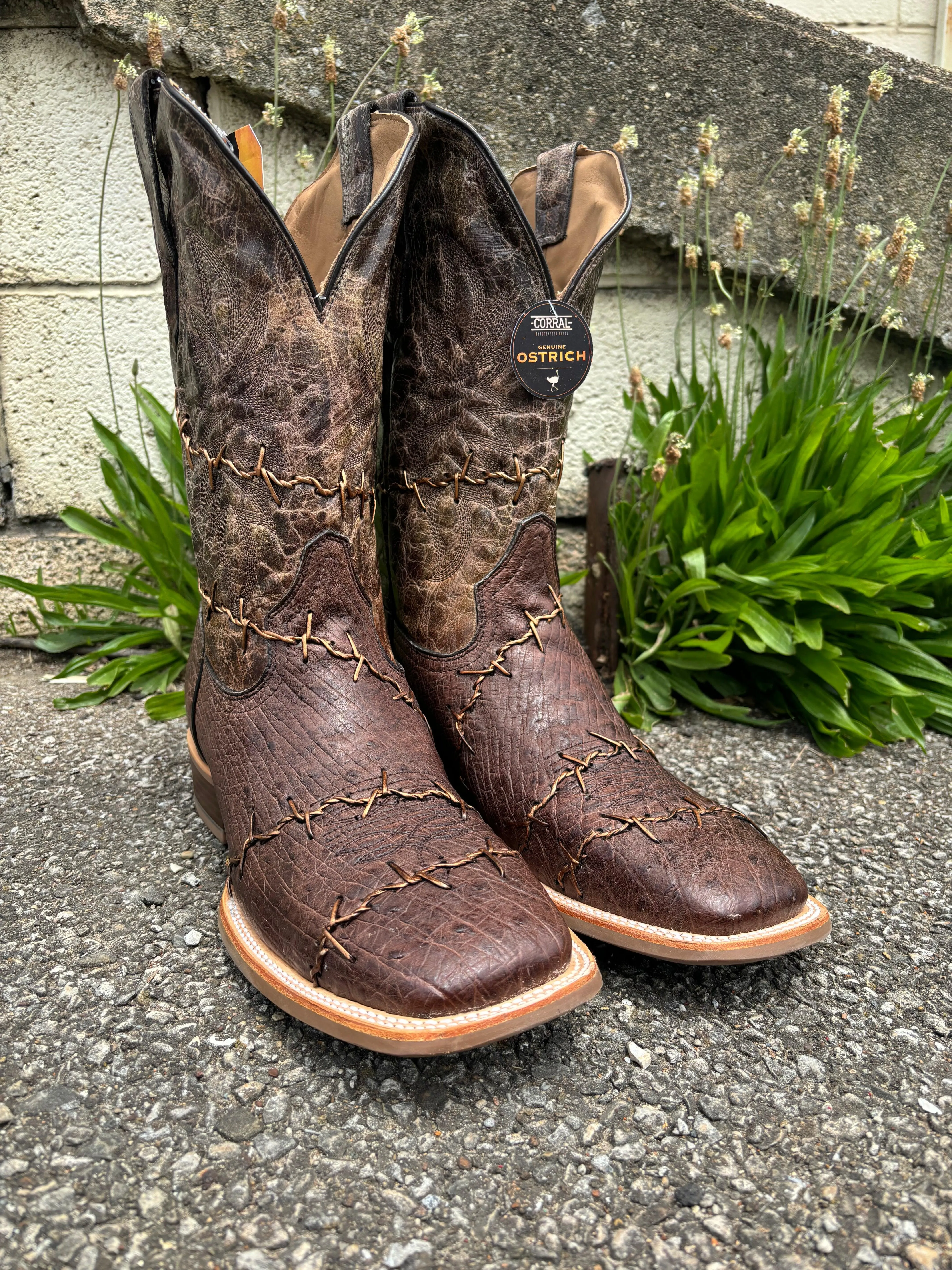 Corral Men's Brown Ostrich Barbed Wire Accent Square Toe Cowboy Boots A4556