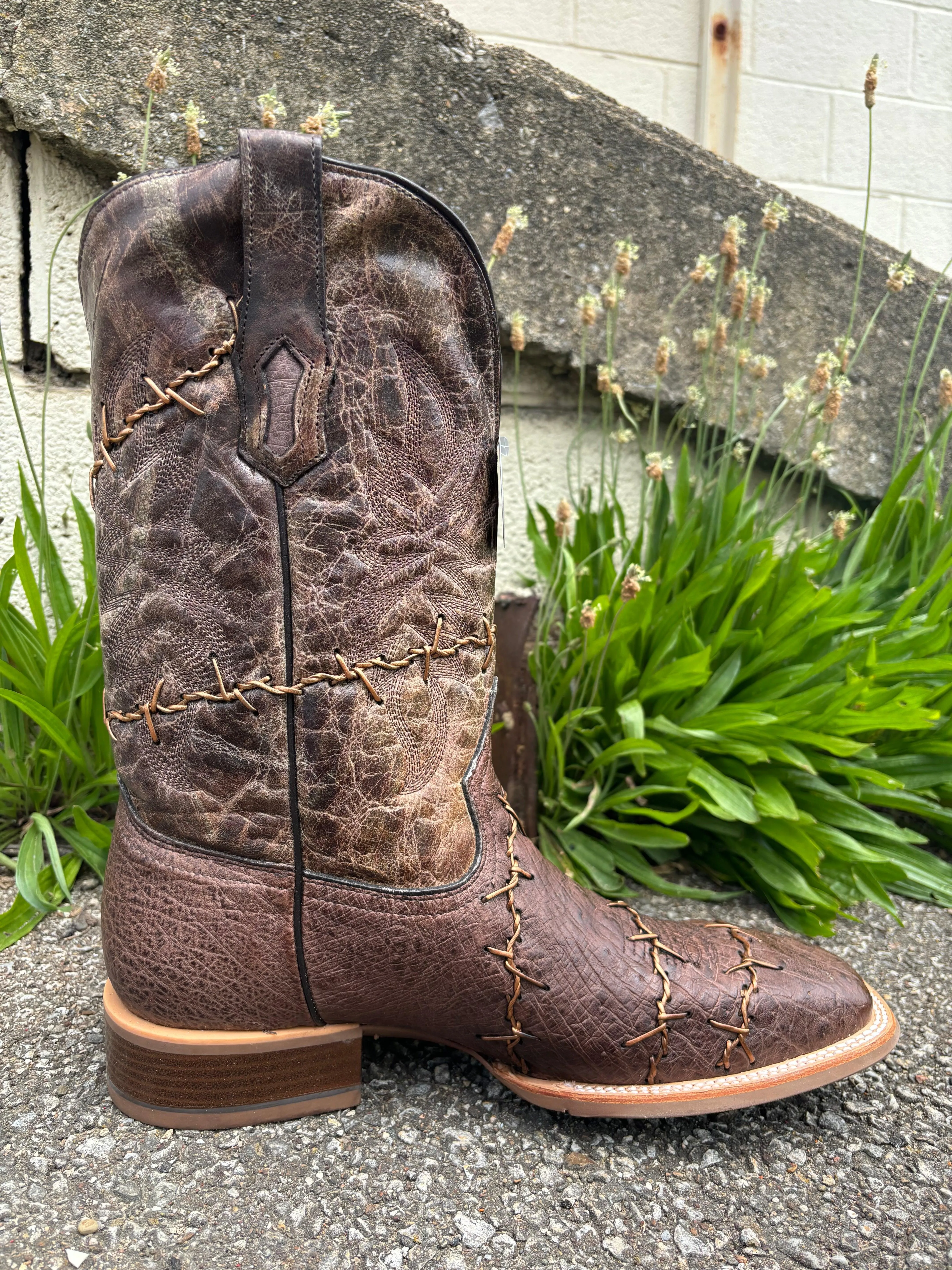 Corral Men's Brown Ostrich Barbed Wire Accent Square Toe Cowboy Boots A4556