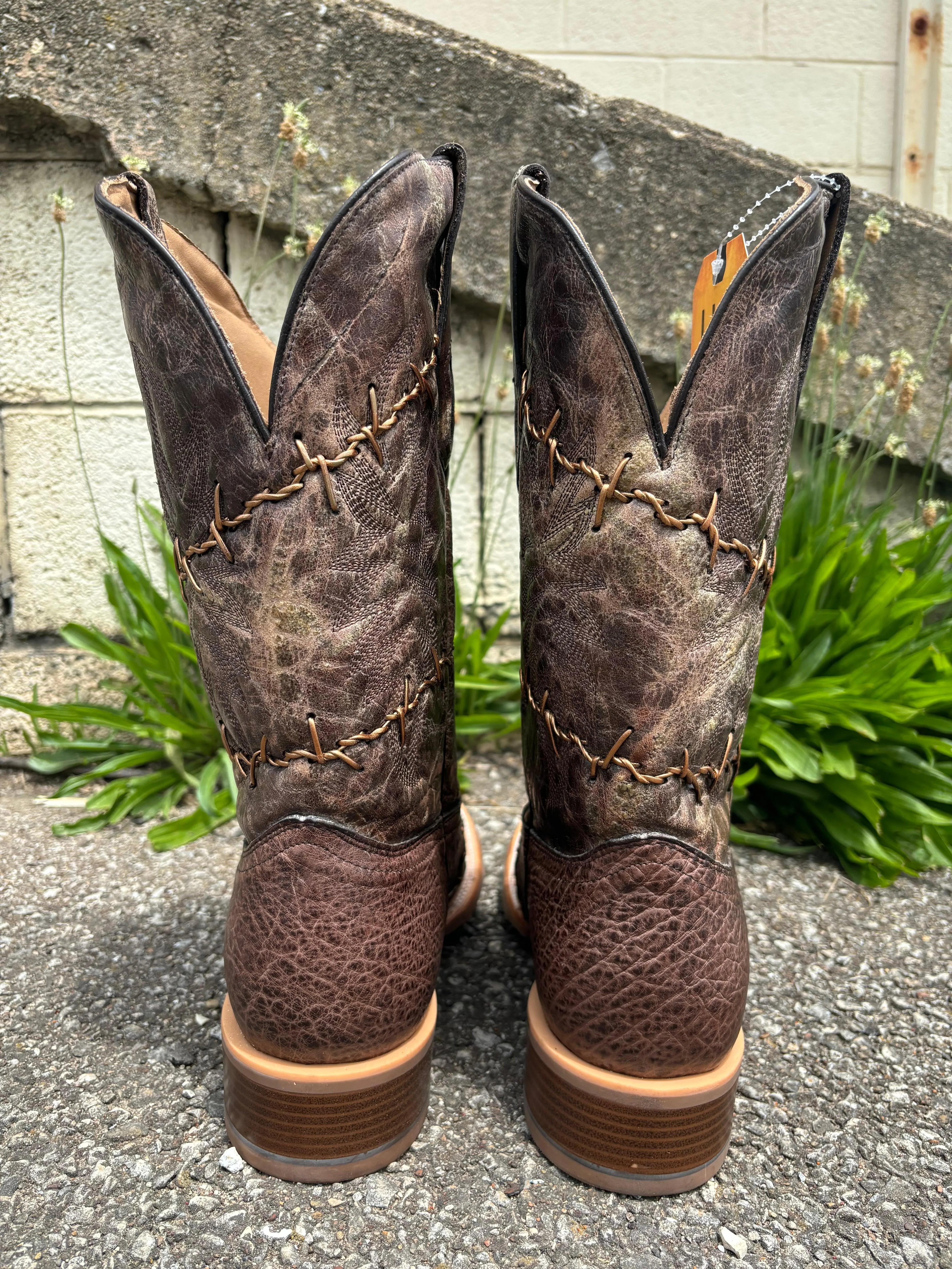 Corral Men's Brown Ostrich Barbed Wire Accent Square Toe Cowboy Boots A4556