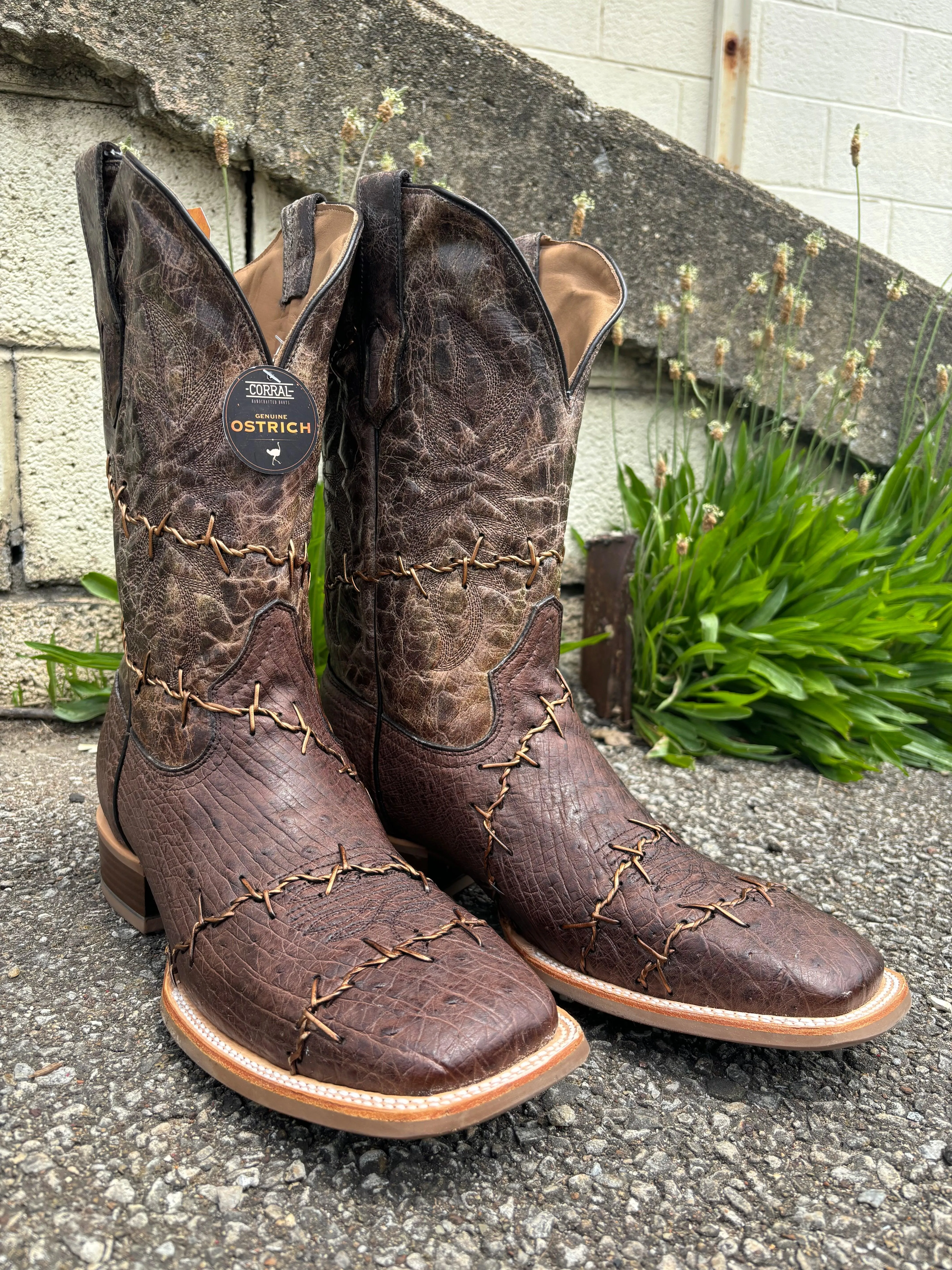 Corral Men's Brown Ostrich Barbed Wire Accent Square Toe Cowboy Boots A4556