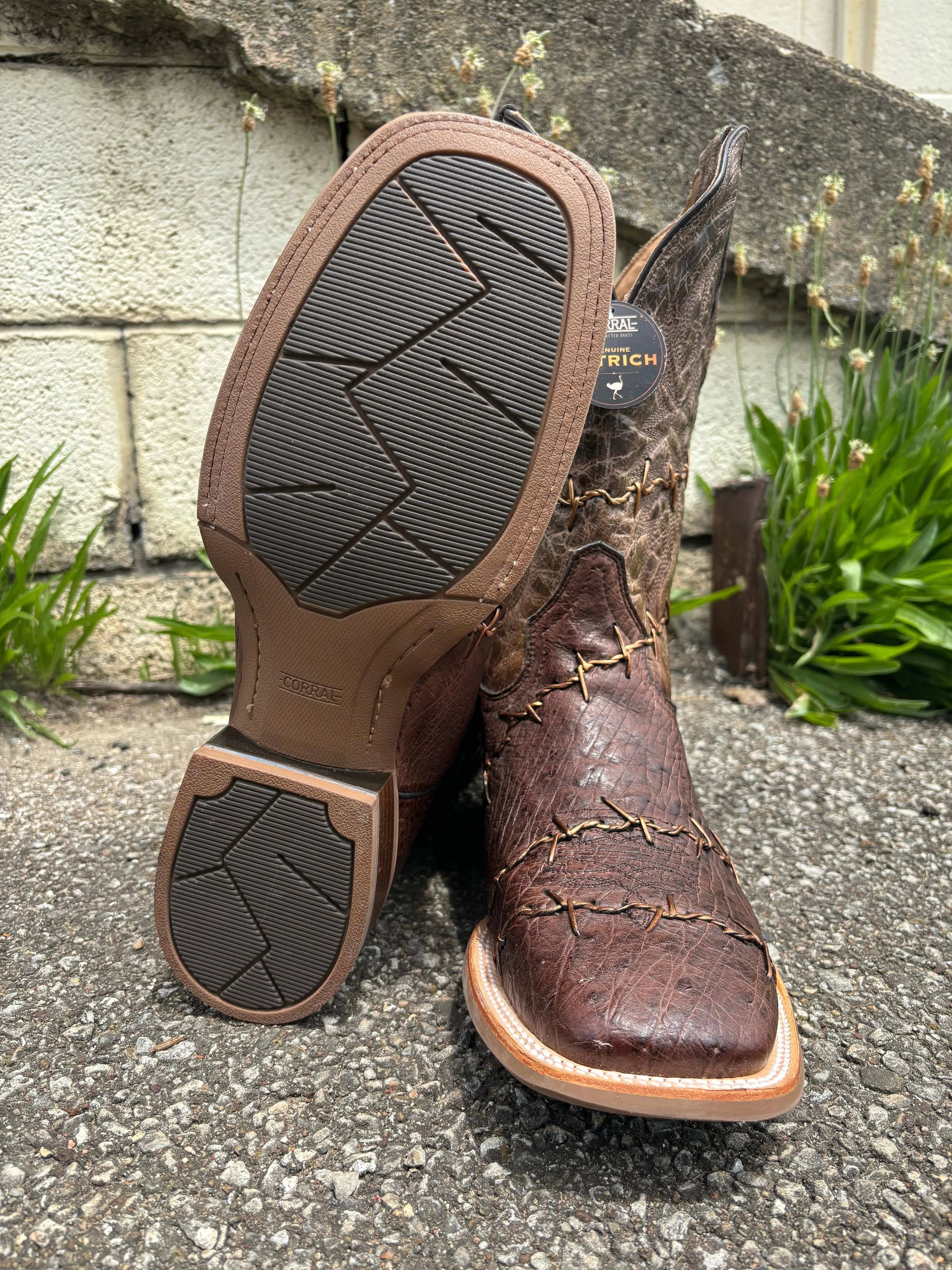 Corral Men's Brown Ostrich Barbed Wire Accent Square Toe Cowboy Boots A4556