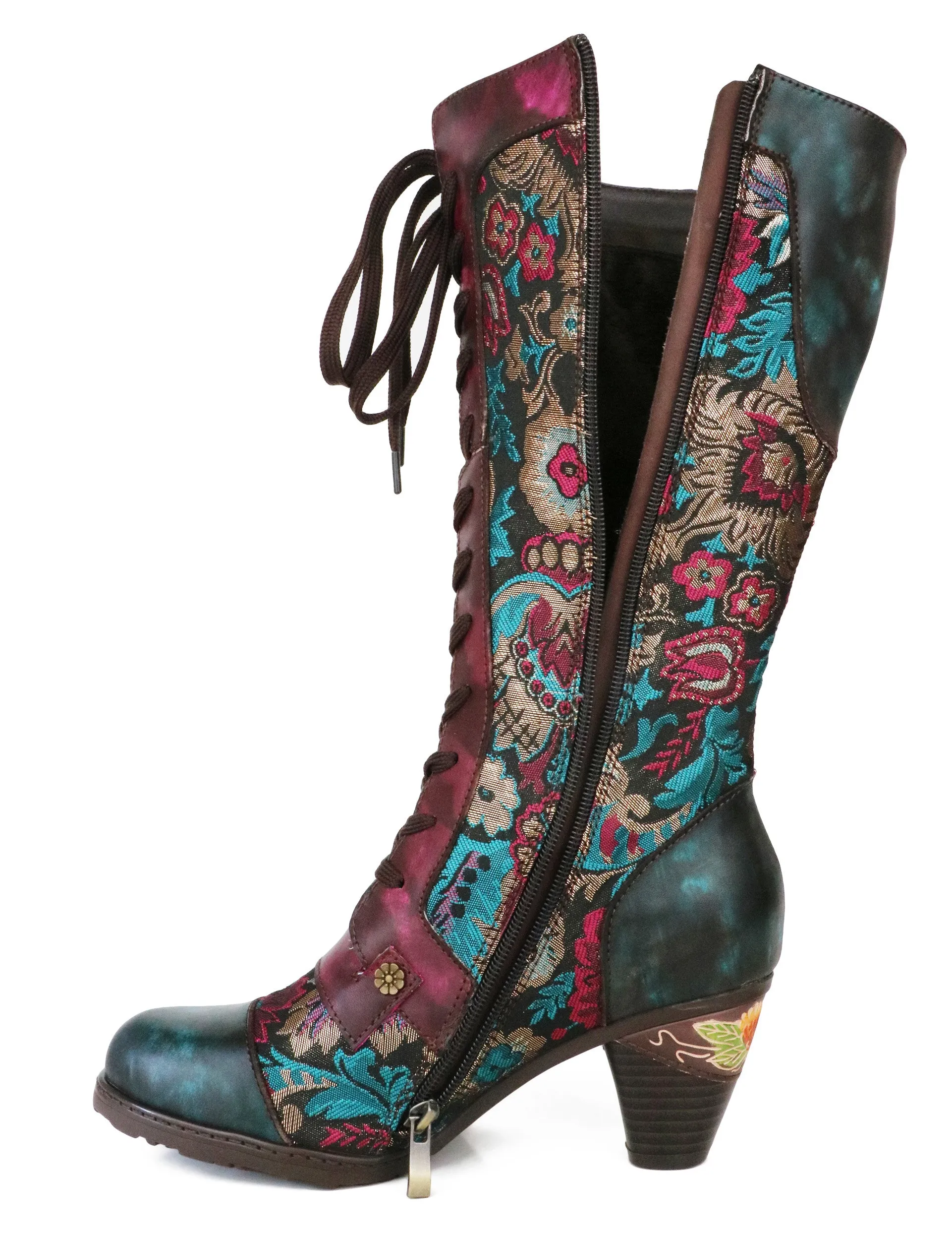 CrazycatZ Womens Leather Bohemian Knee High Boots Patterned Long Boots Vintage Boots