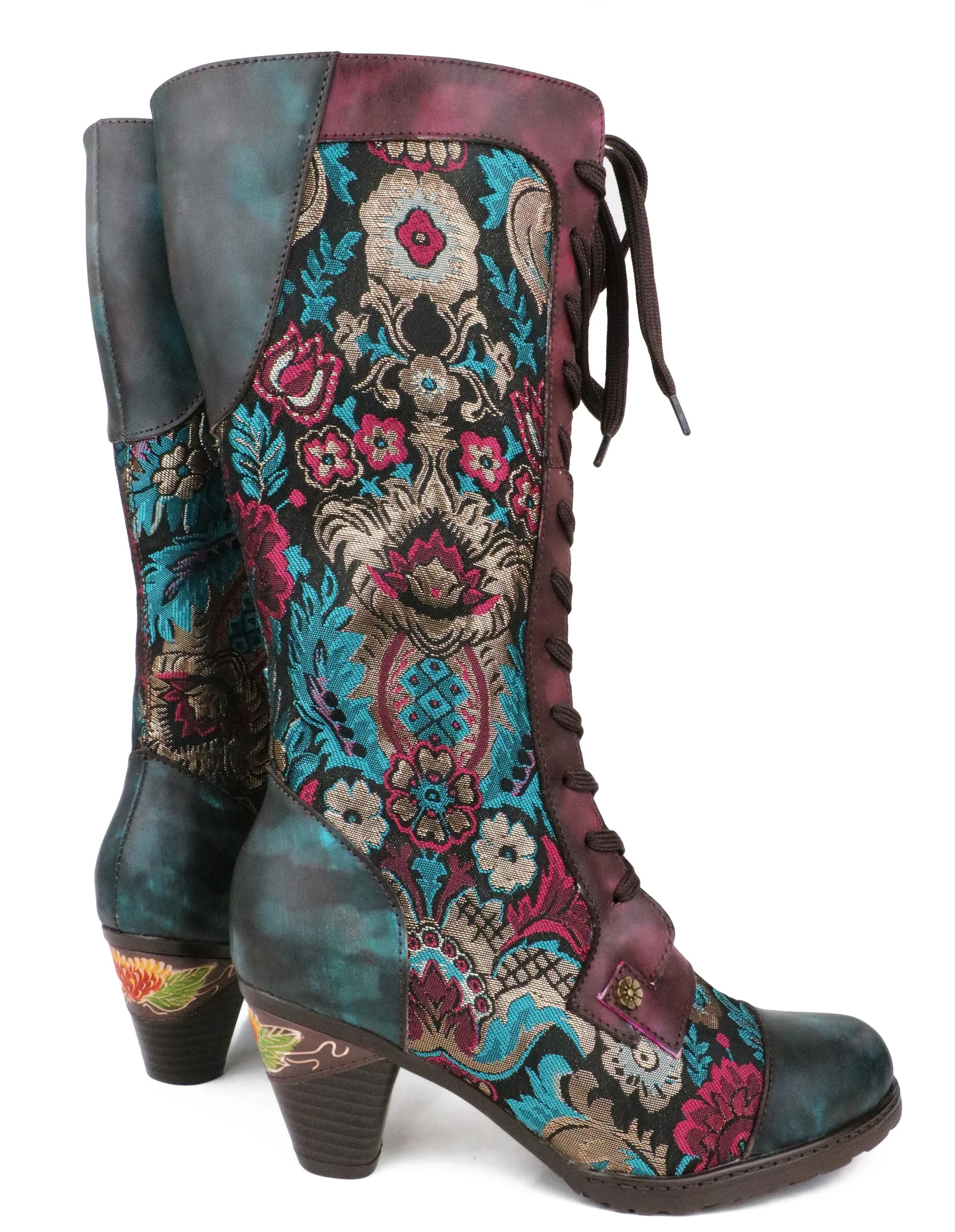 CrazycatZ Womens Leather Bohemian Knee High Boots Patterned Long Boots Vintage Boots