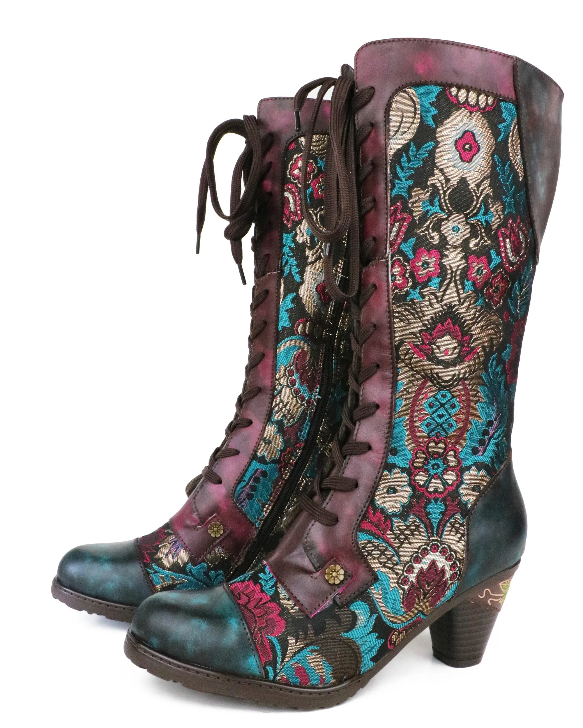 CrazycatZ Womens Leather Bohemian Knee High Boots Patterned Long Boots Vintage Boots
