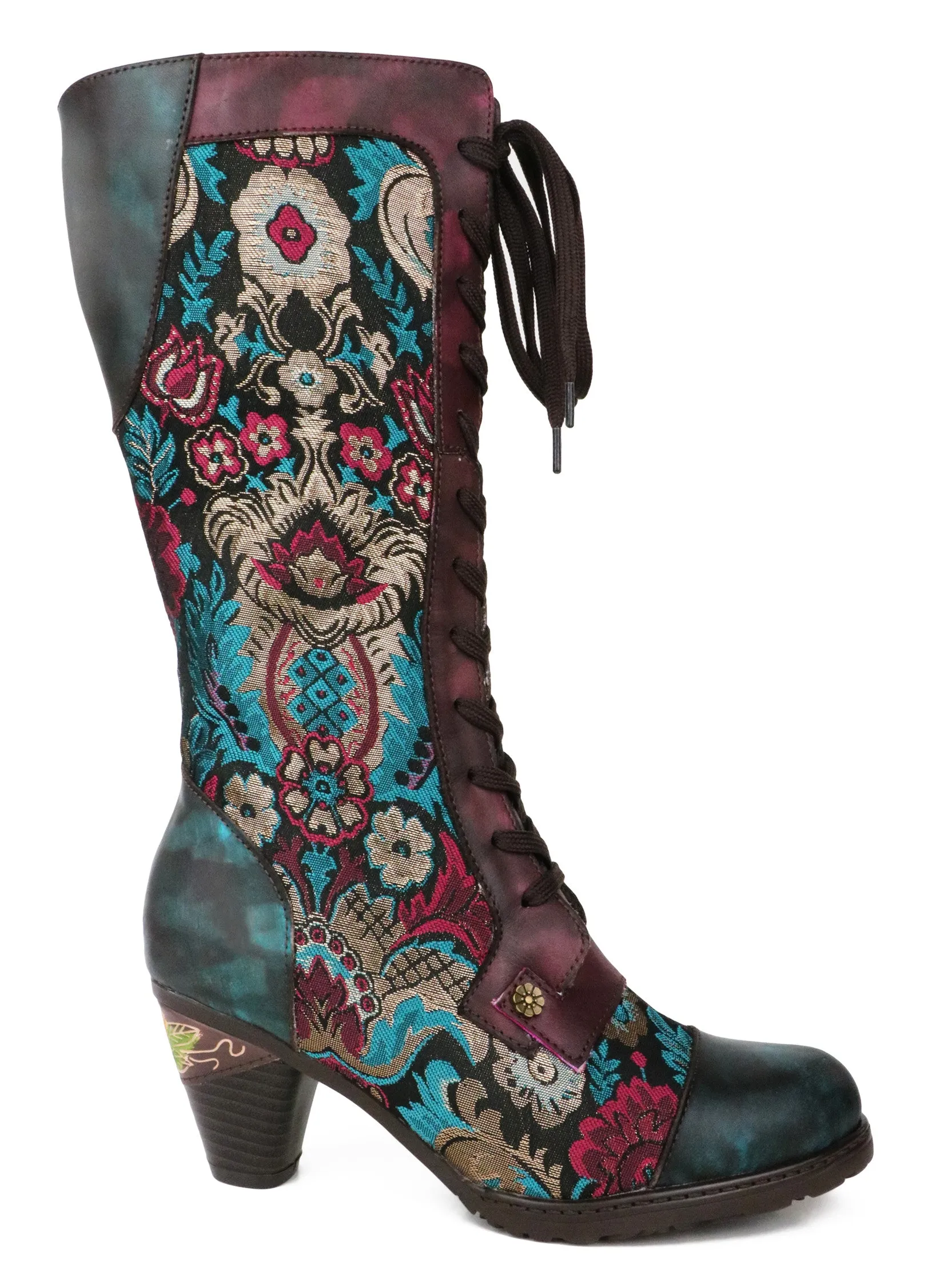 CrazycatZ Womens Leather Bohemian Knee High Boots Patterned Long Boots Vintage Boots