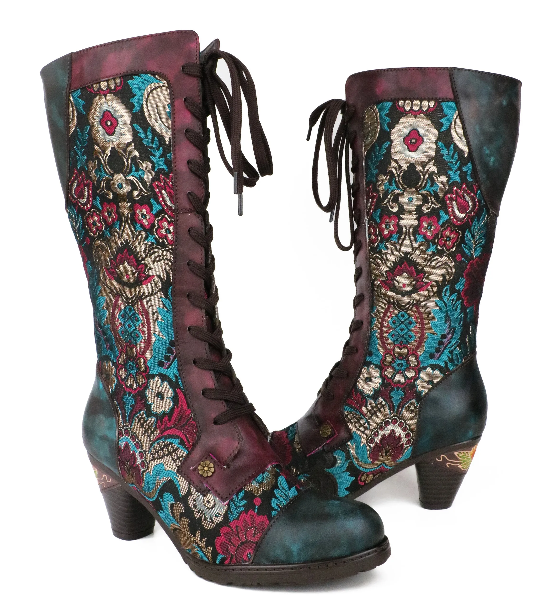 CrazycatZ Womens Leather Bohemian Knee High Boots Patterned Long Boots Vintage Boots