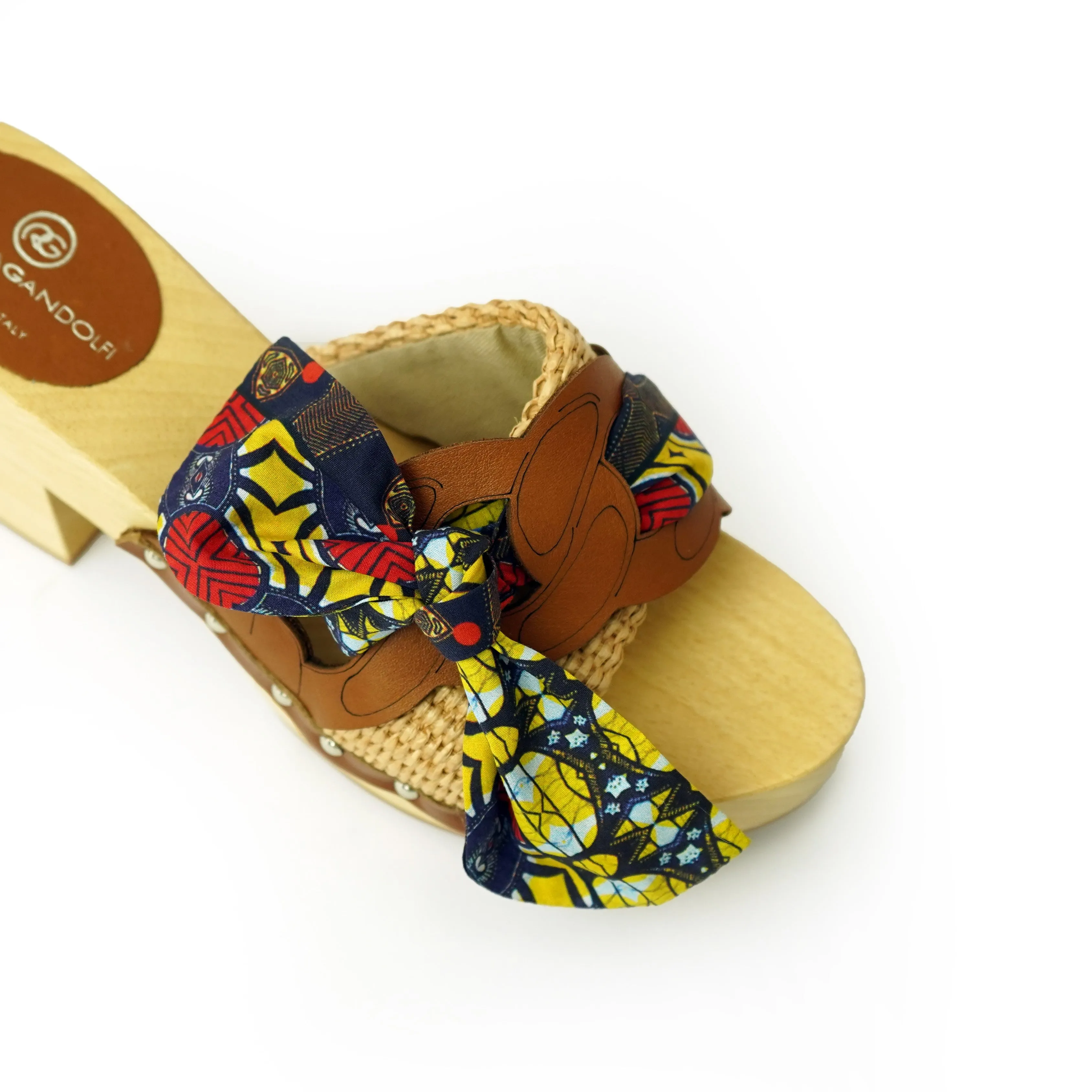 Diva Chain sandali in legno incrociato con platform in rafia e fiocco stamap african