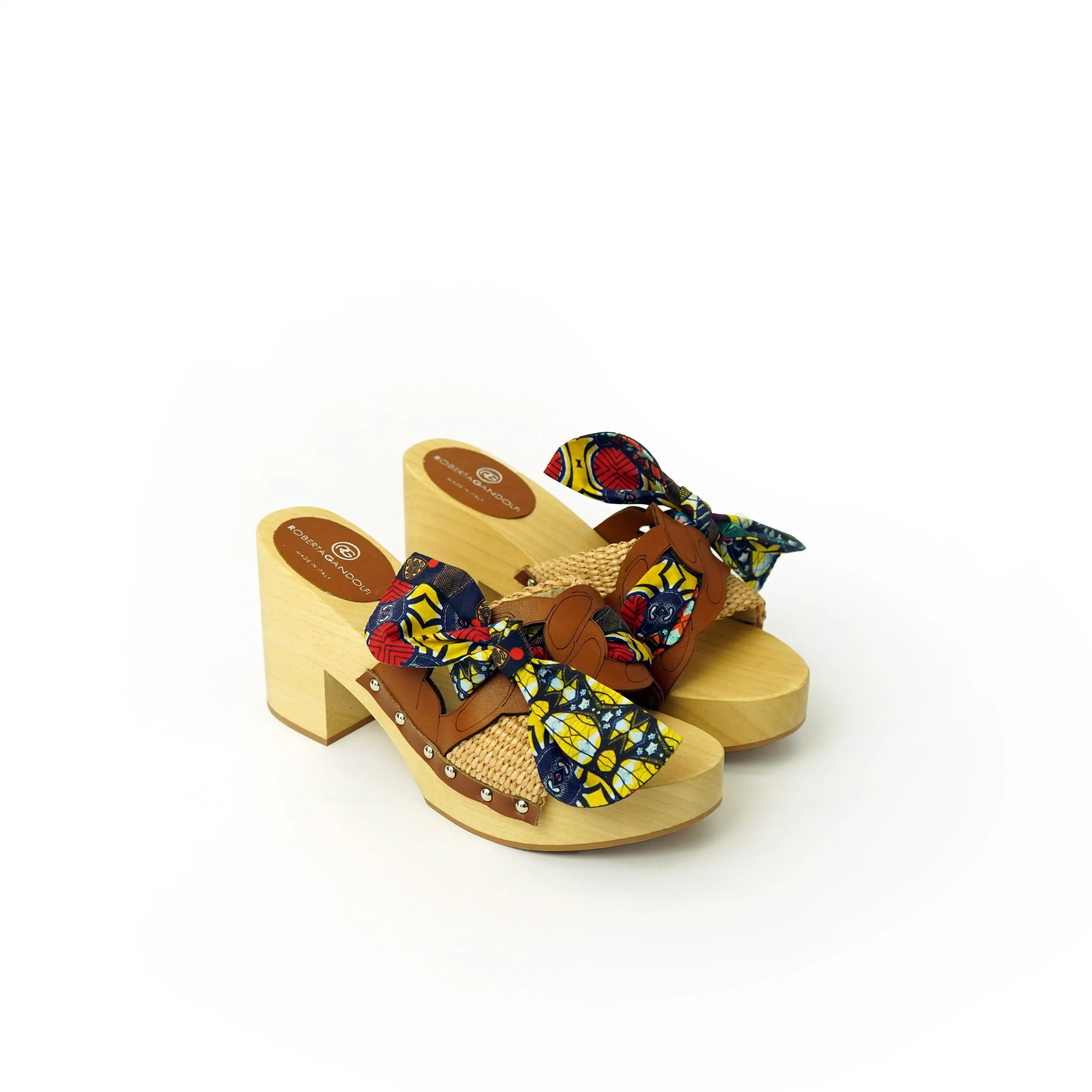 Diva Chain sandali in legno incrociato con platform in rafia e fiocco stamap african