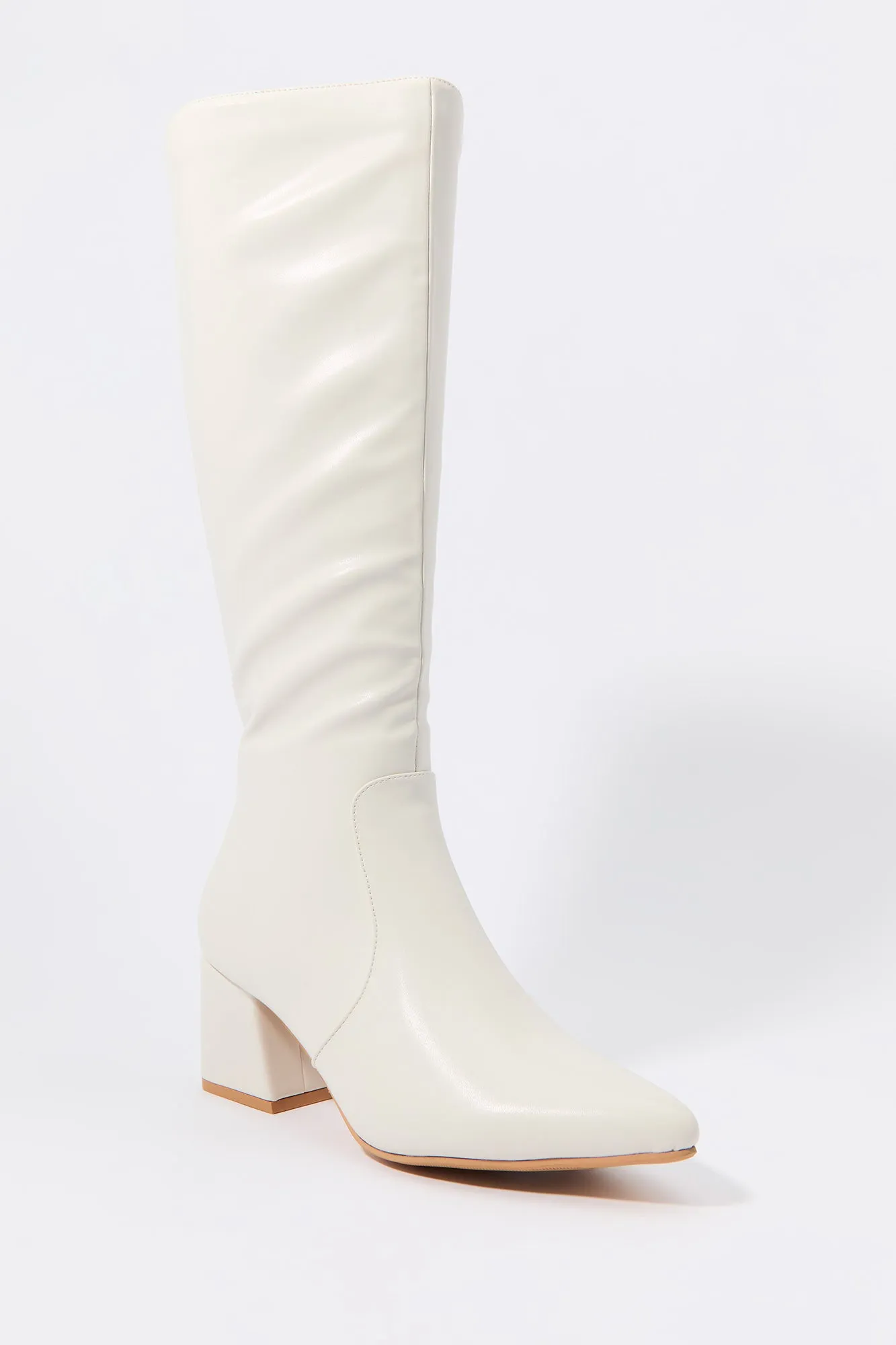 Faux Leather Pointed Toe Knee High Boot