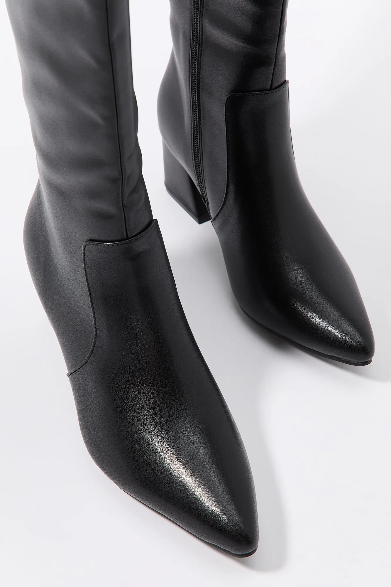 Faux Leather Pointed Toe Knee High Boot