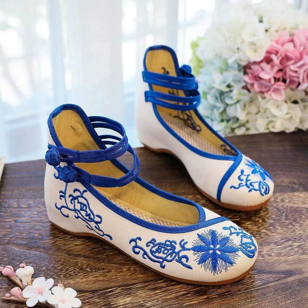 Floral Embroidered Cotton Linen Flats