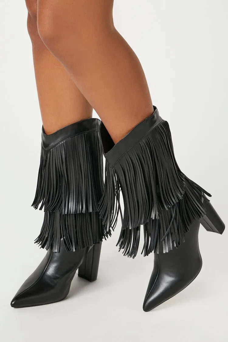 Fringe Block Heel Boots