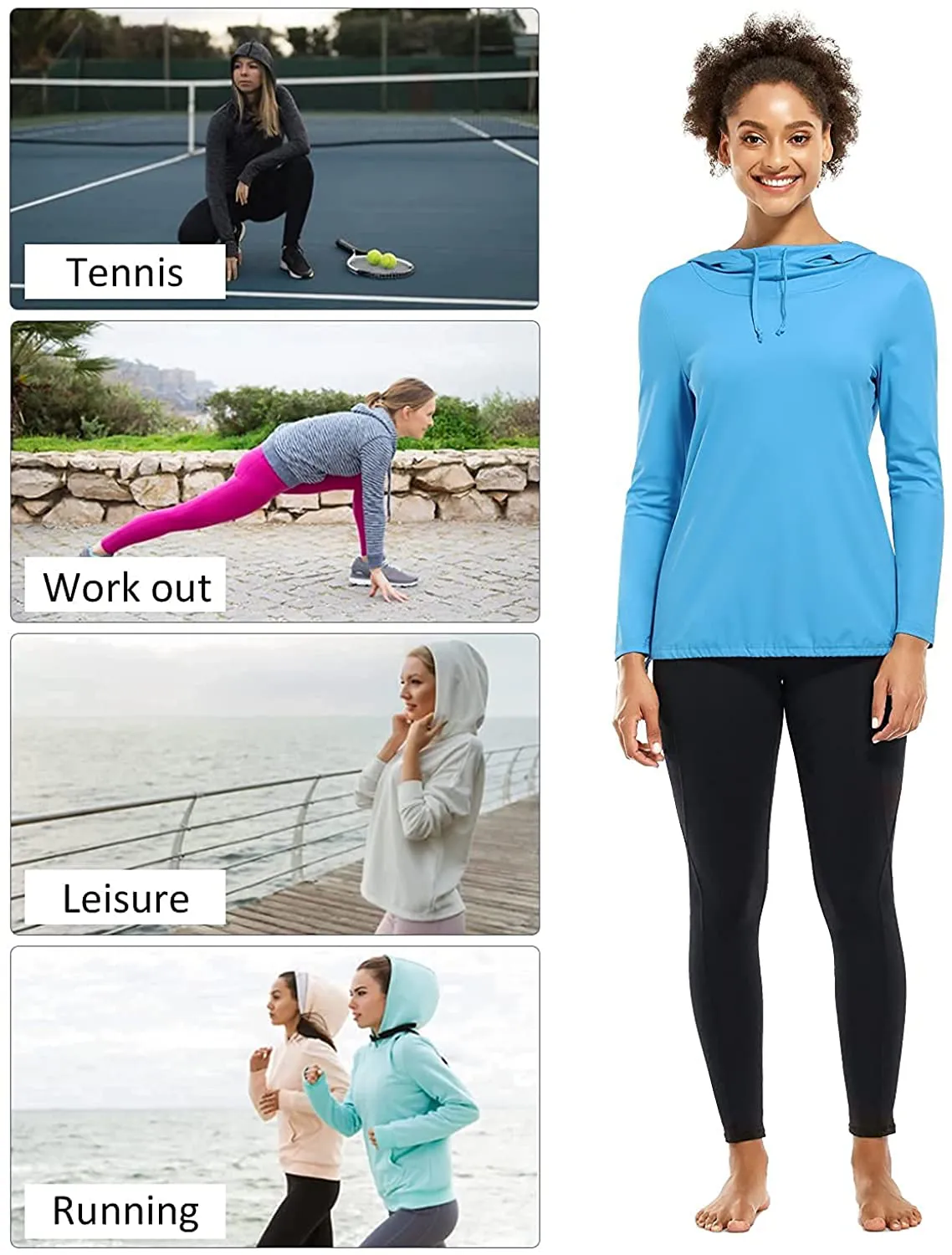 Fulbelle Women's UPF 50  Long Sleeve Shirts Sun Protection Drawstring Lightweight Hooded Sweatshirts Outdoor Performance