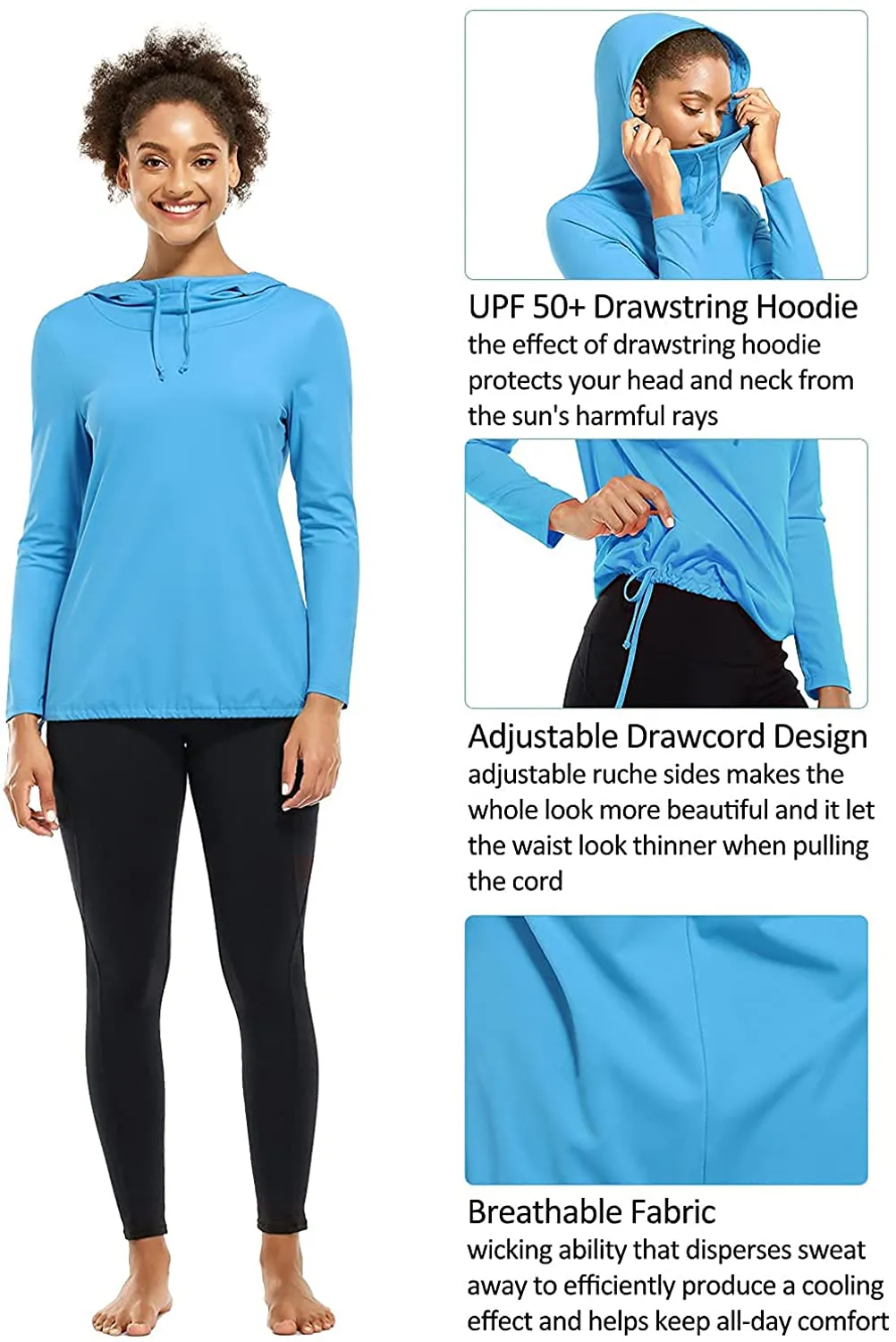 Fulbelle Women's UPF 50  Long Sleeve Shirts Sun Protection Drawstring Lightweight Hooded Sweatshirts Outdoor Performance
