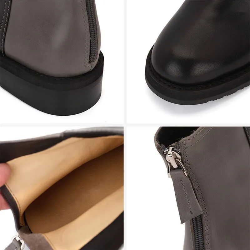 Handmade Leather Booties Round Toe Back Zip Block Heel Chic Ankle Boots in Black