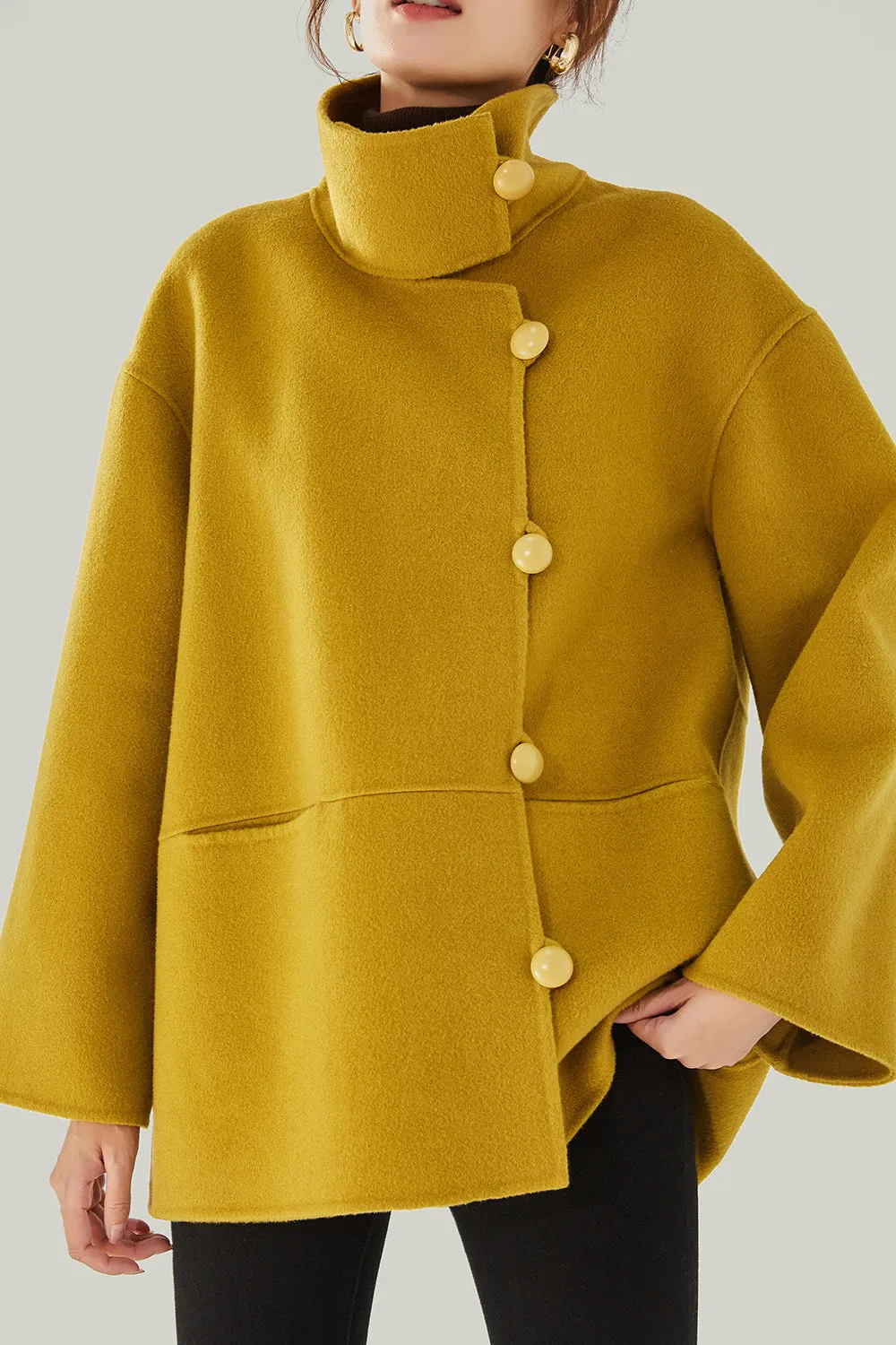 Ivory High Neck Buttons Wool Coat