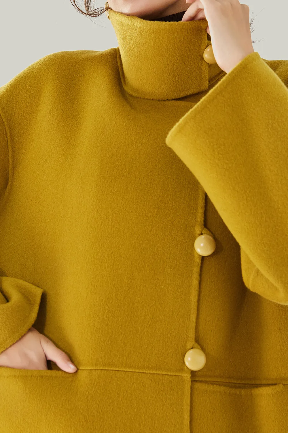 Ivory High Neck Buttons Wool Coat