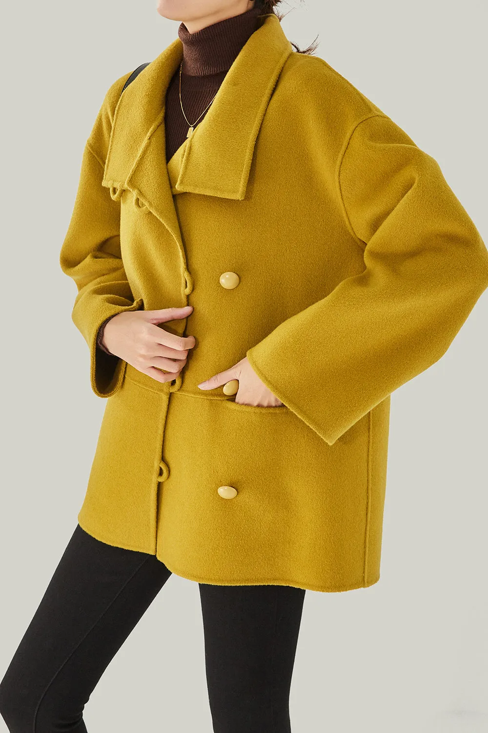 Ivory High Neck Buttons Wool Coat