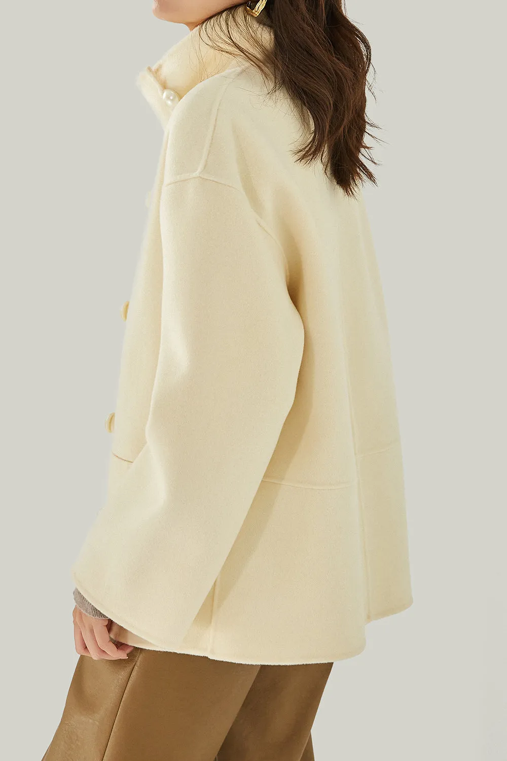 Ivory High Neck Buttons Wool Coat