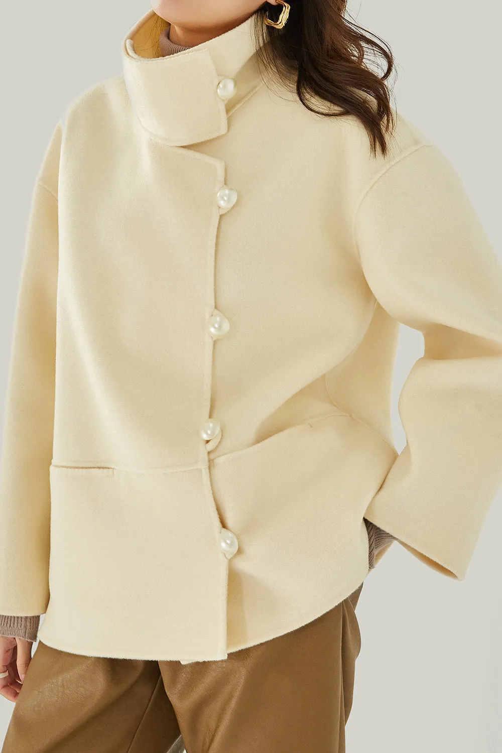 Ivory High Neck Buttons Wool Coat