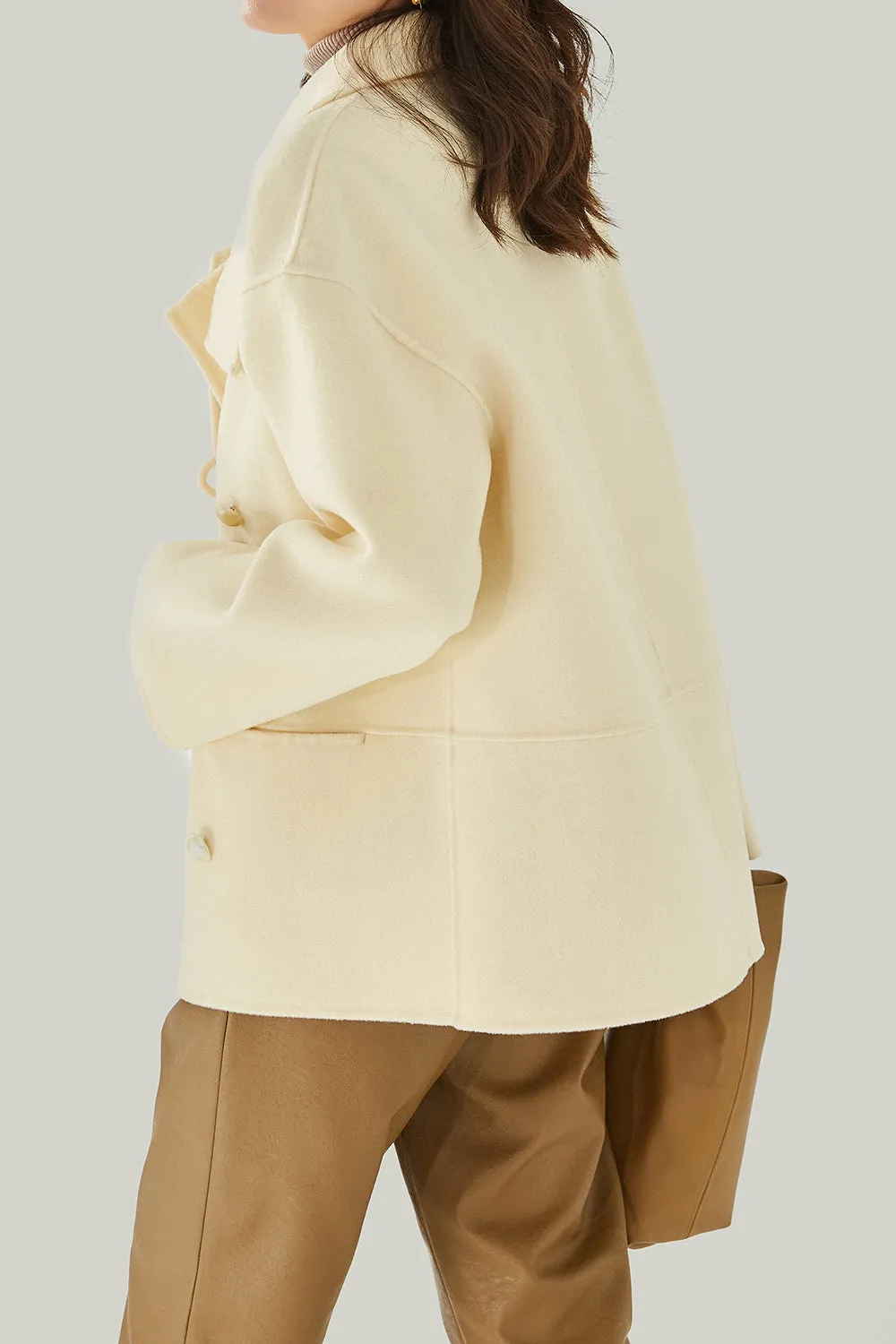Ivory High Neck Buttons Wool Coat