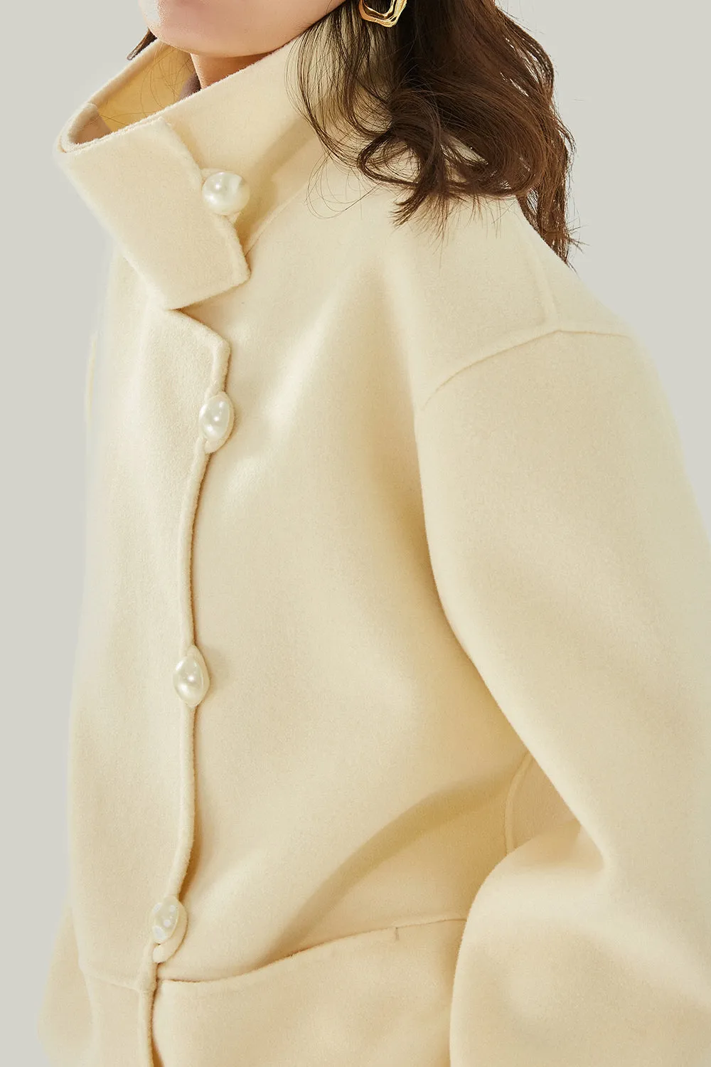 Ivory High Neck Buttons Wool Coat