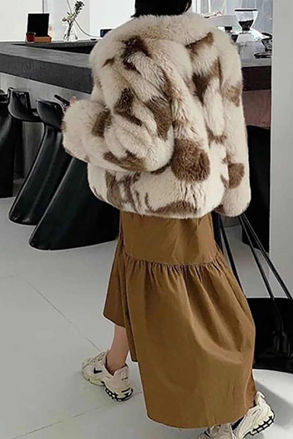 Khaki Shawl Lapel Midi Faux Fur Shearling Coat