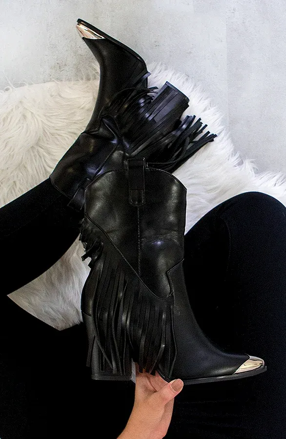 Leren Fringe Boots Zwart
