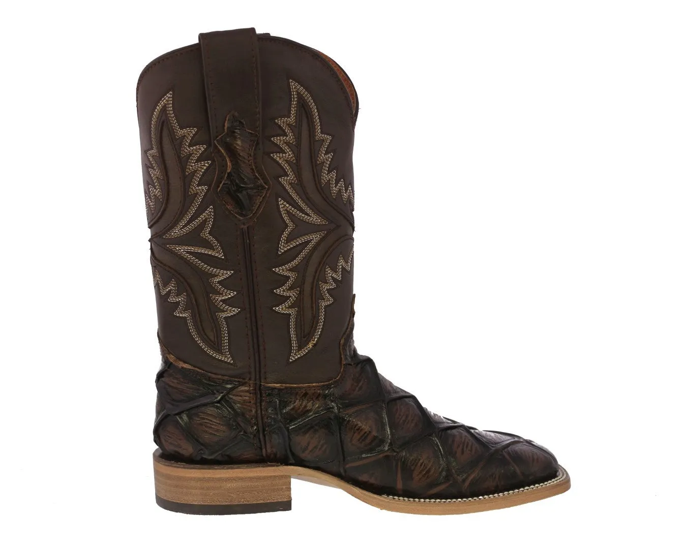 Mens Brown Cowboy Boots Pirarucu Fish Print - Square Toe