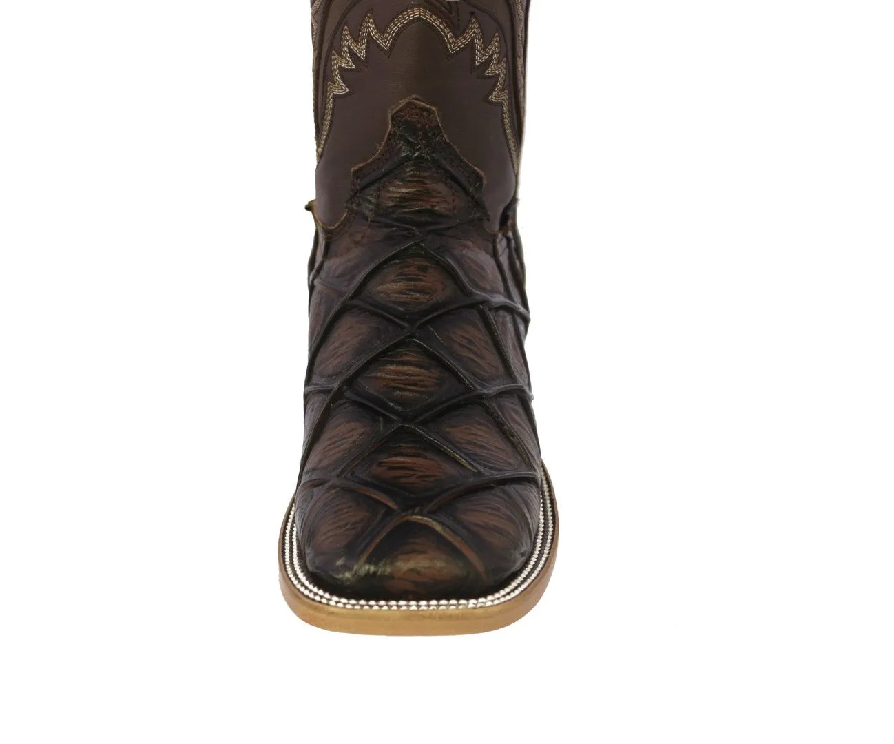 Mens Brown Cowboy Boots Pirarucu Fish Print - Square Toe