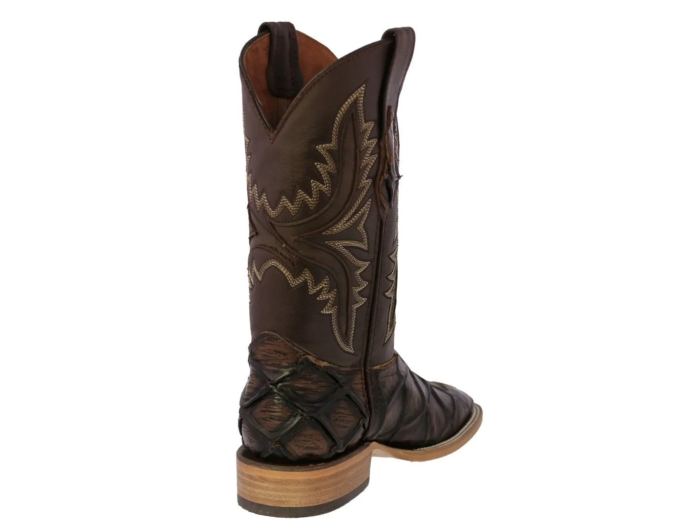 Mens Brown Cowboy Boots Pirarucu Fish Print - Square Toe