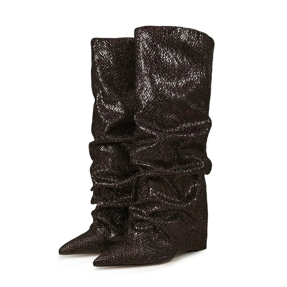 Merendy Yara pointed toe low heel slip-on Jeweled knee high boots